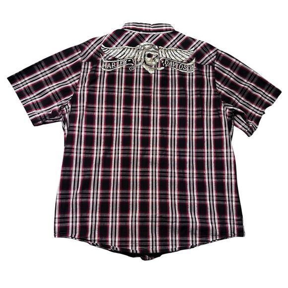Harley Davidson Plaid Button Up Shirt Men XL Red Black Short Sleeve Skull Logo - Picture 2 of 11